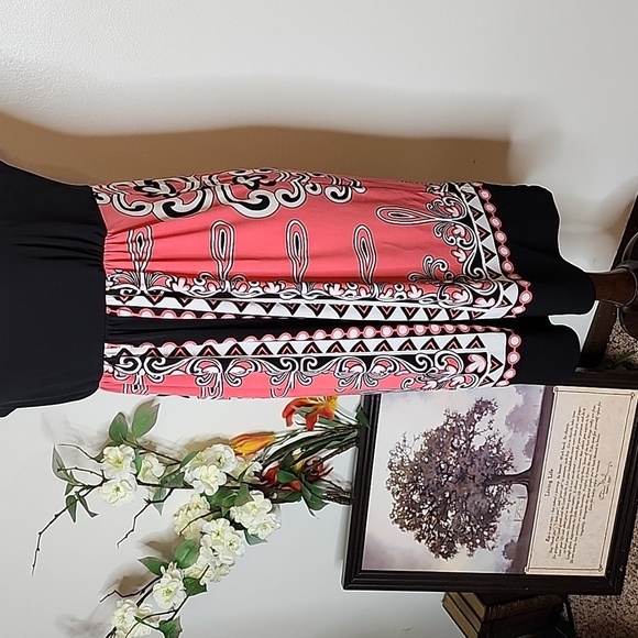 London Times Coral Scroll Abstract Pattern Dress Black Sheath Summer Bohemian - Picture 3 of 12